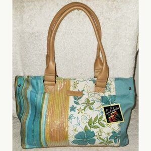 LA CABAÑA NWT X-LARGE, SEAFORM GREEN &TAN SHOULDER HANDBAG, SLIVER TONE HARDWAER